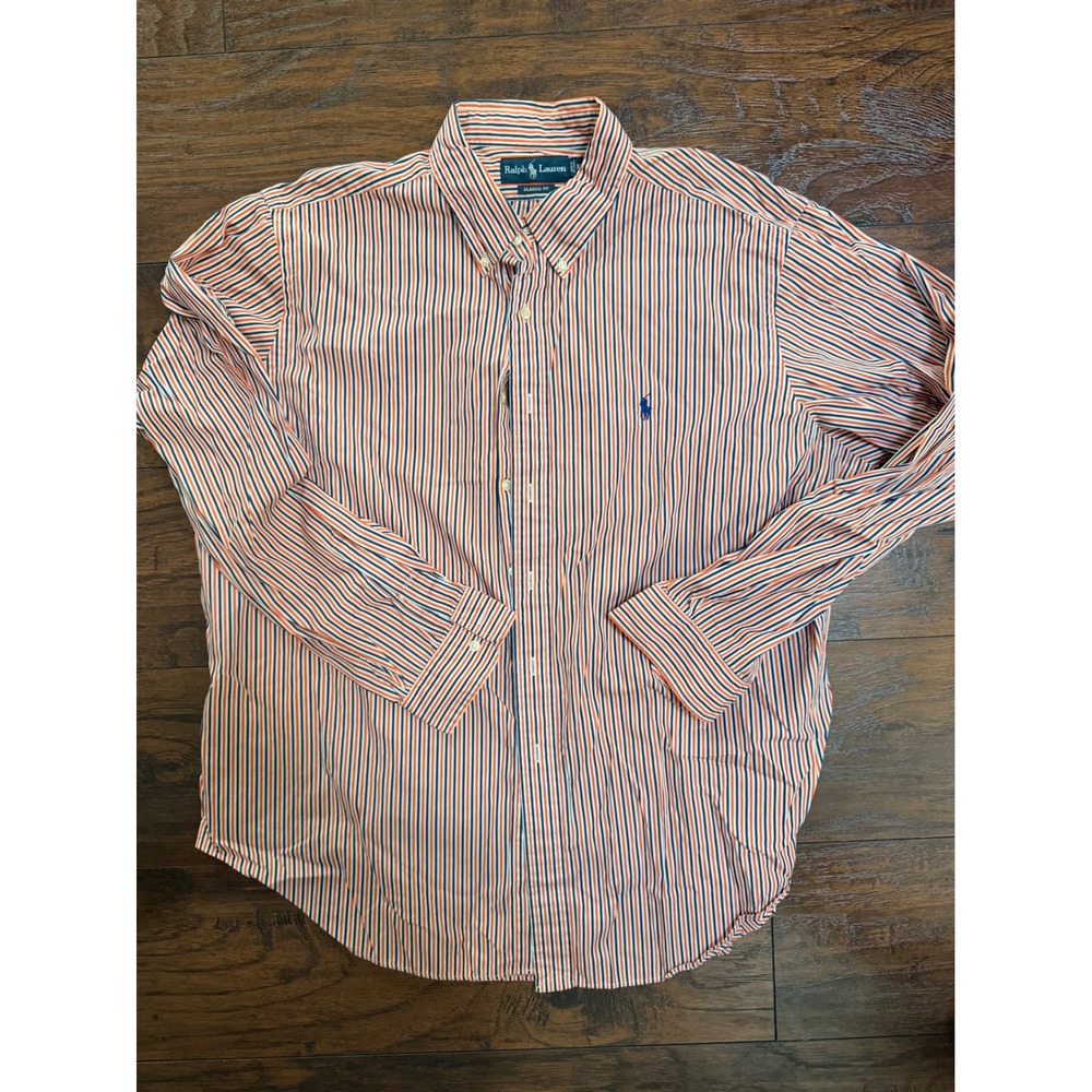 Ralph Lauren Mens XXL Classic Fit Striped Button Down Shirt Orange Navy Blue